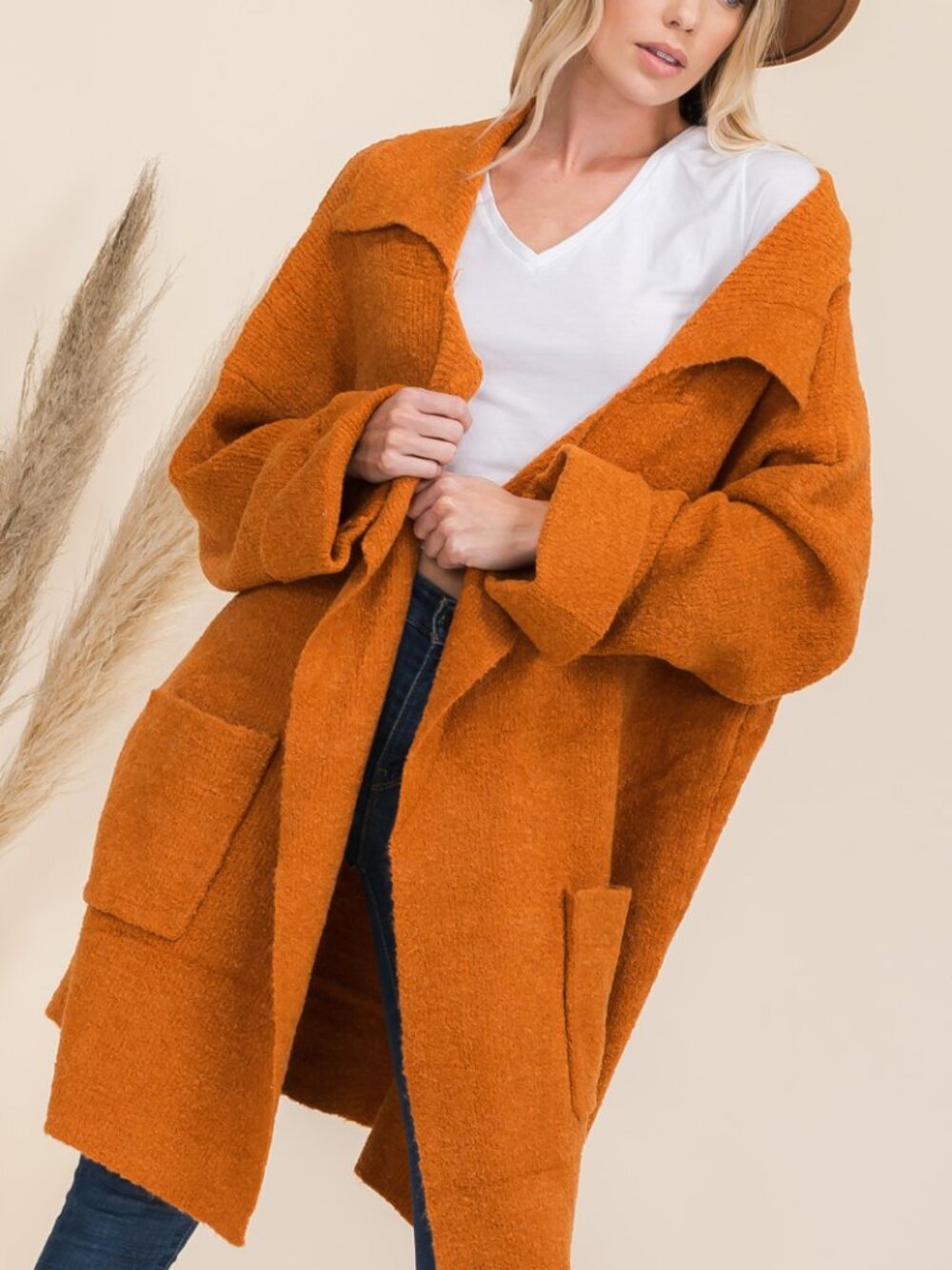 Rust Orange Oversized Knit Cardigan | Cozy Shawl Collar Sweater Coat with Pocket